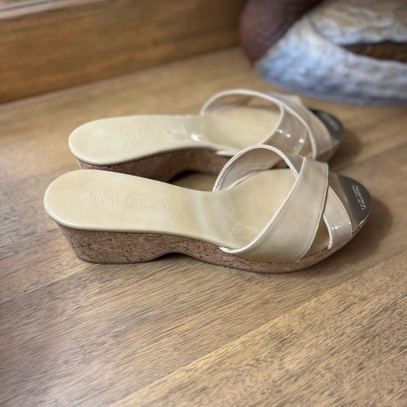 Jimmy Choo Nude patent Wedge Slide Sandals Size 38 (7) - Picture 2 of 6